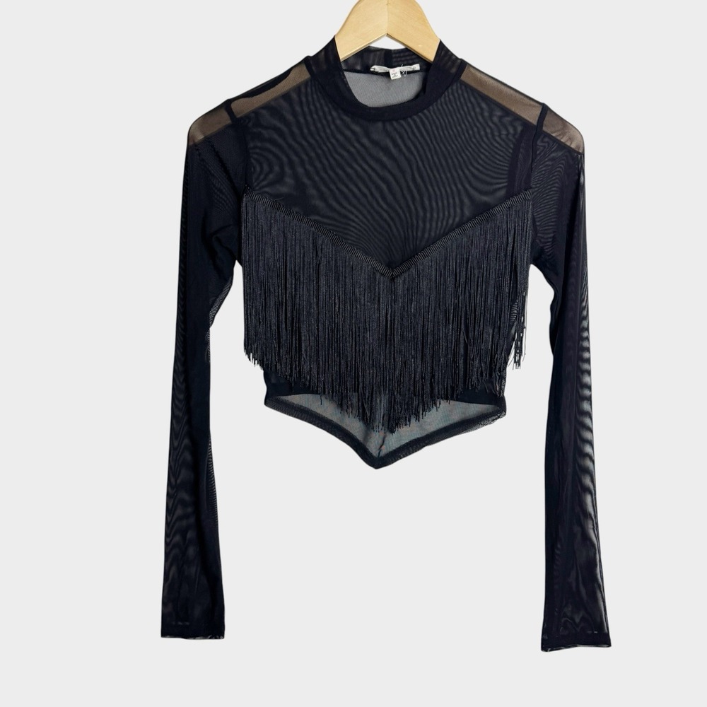 Bear Dance M sheer black mesh long-sleeve crop top Western Cowgirl Streetwear
